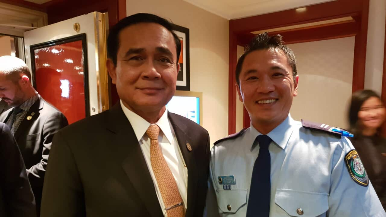 Leading Senior Constable Pattanon Ramungkool, on duty while escorting Thai Prime Minister Prayute Chan-ocha visitting Sydney.