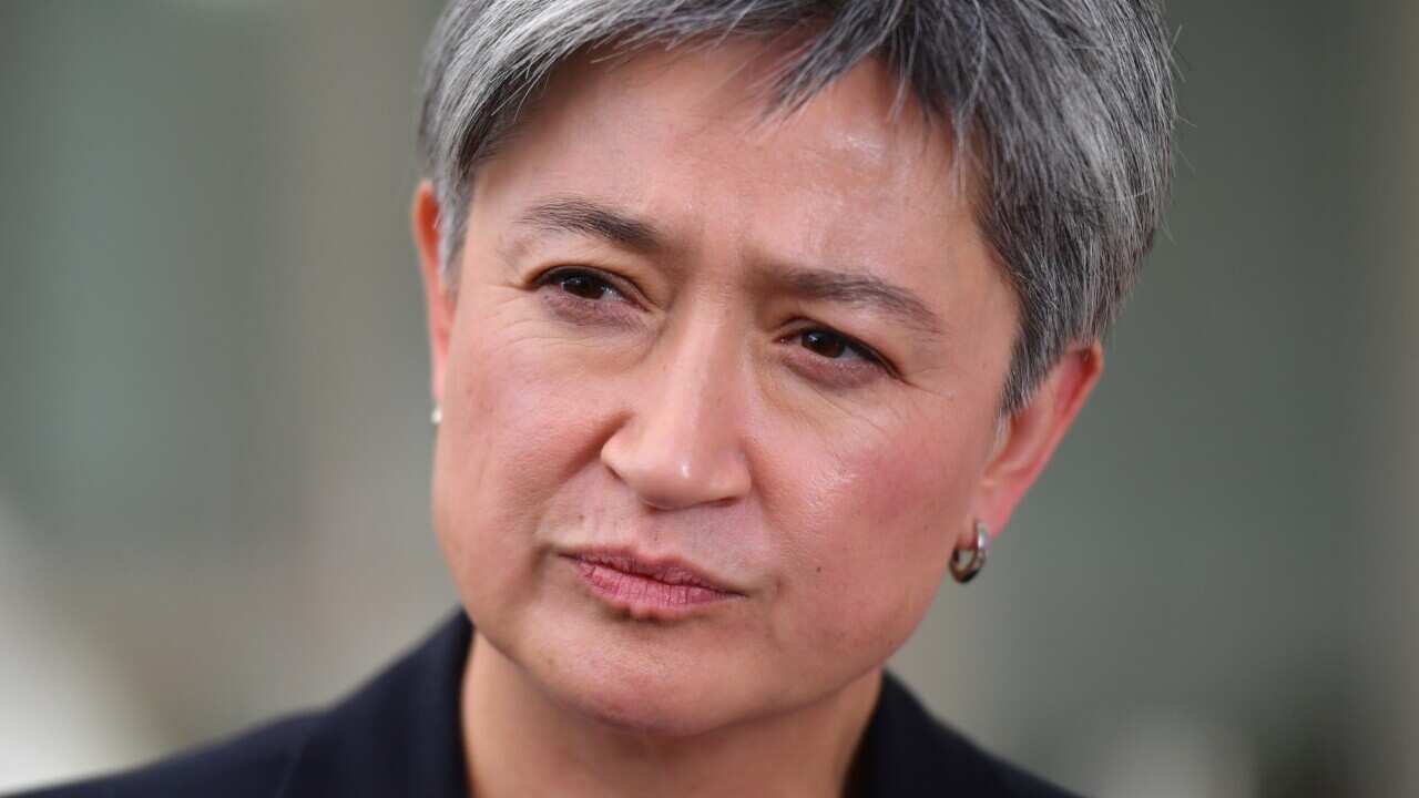 Labor's foreign affairs spokesperson Penny Wong speaks to reporters.