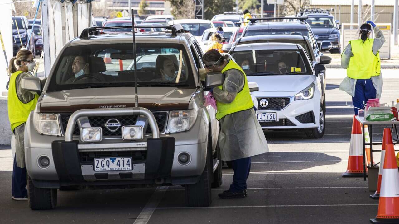 drive-through testing site at Shepparton Sports Precinct in Shepparton, Victoria, Tuesday, August 24, 2021.