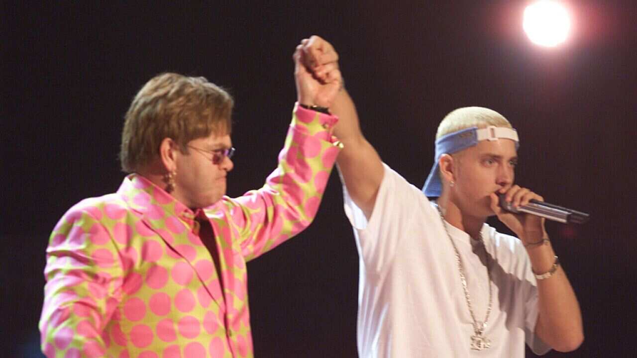 Elton John and Eminem at the 43rd Grammy Award Show held at Staples