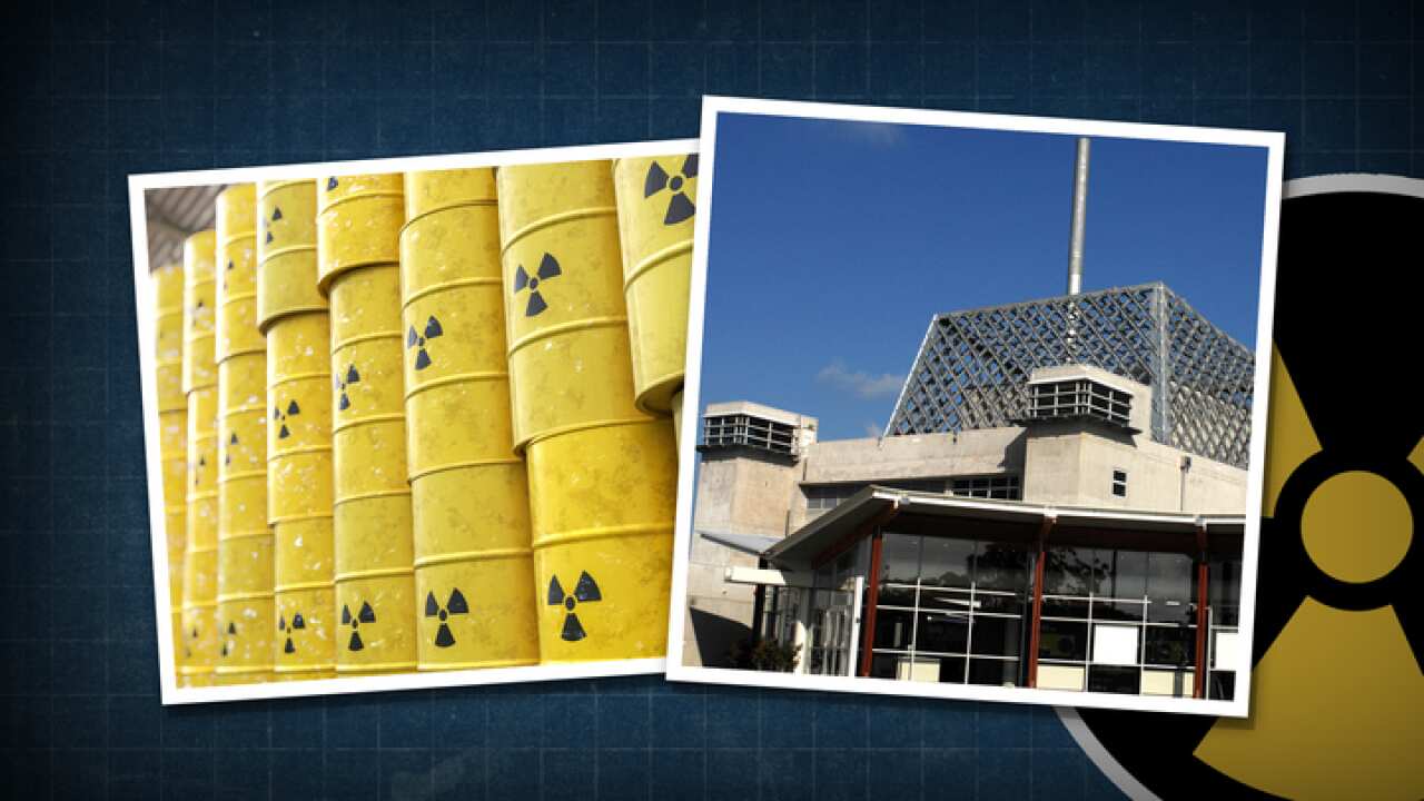 An image of yellow nuclear waste barrels next to an image of the Lucas Heights nuclear reactor.