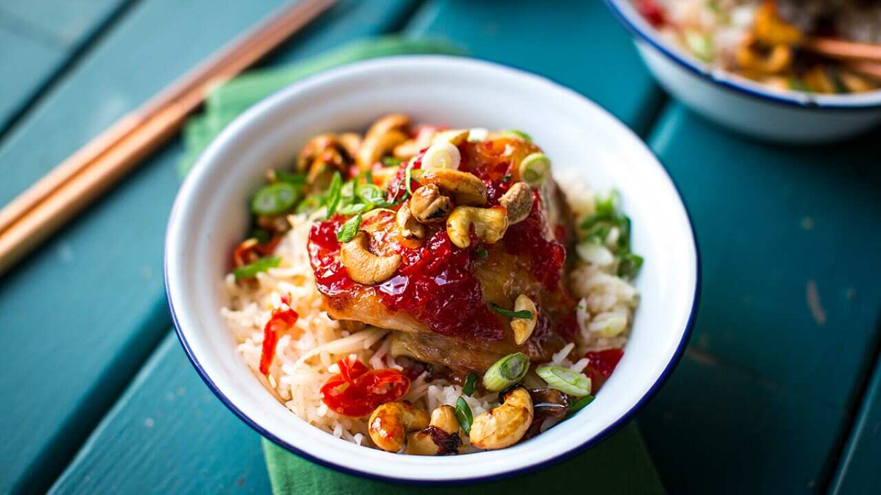 Chilli jam chicken with nam pla rice 