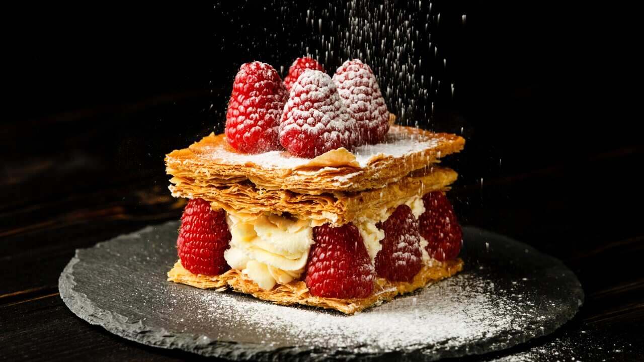 France's famous mille feuille dessert with raspberry. 