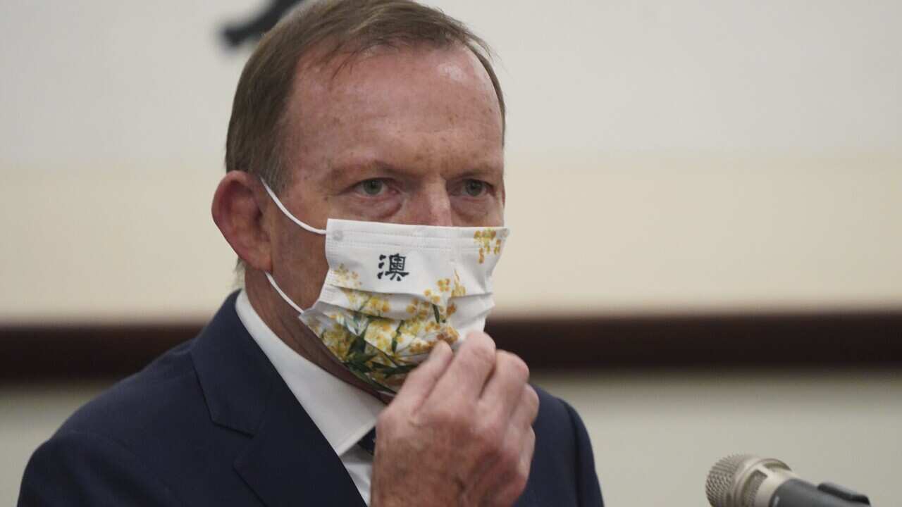 Former Australian Prime Minister Tony Abbott  during a meeting with Taiwanese President Tsai Ing-wen at the Presidential Office in Taipei.