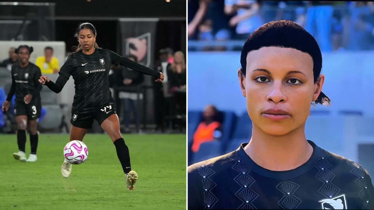 Side by side images of Madison Hammond playing football in real life and her FIFA avatar