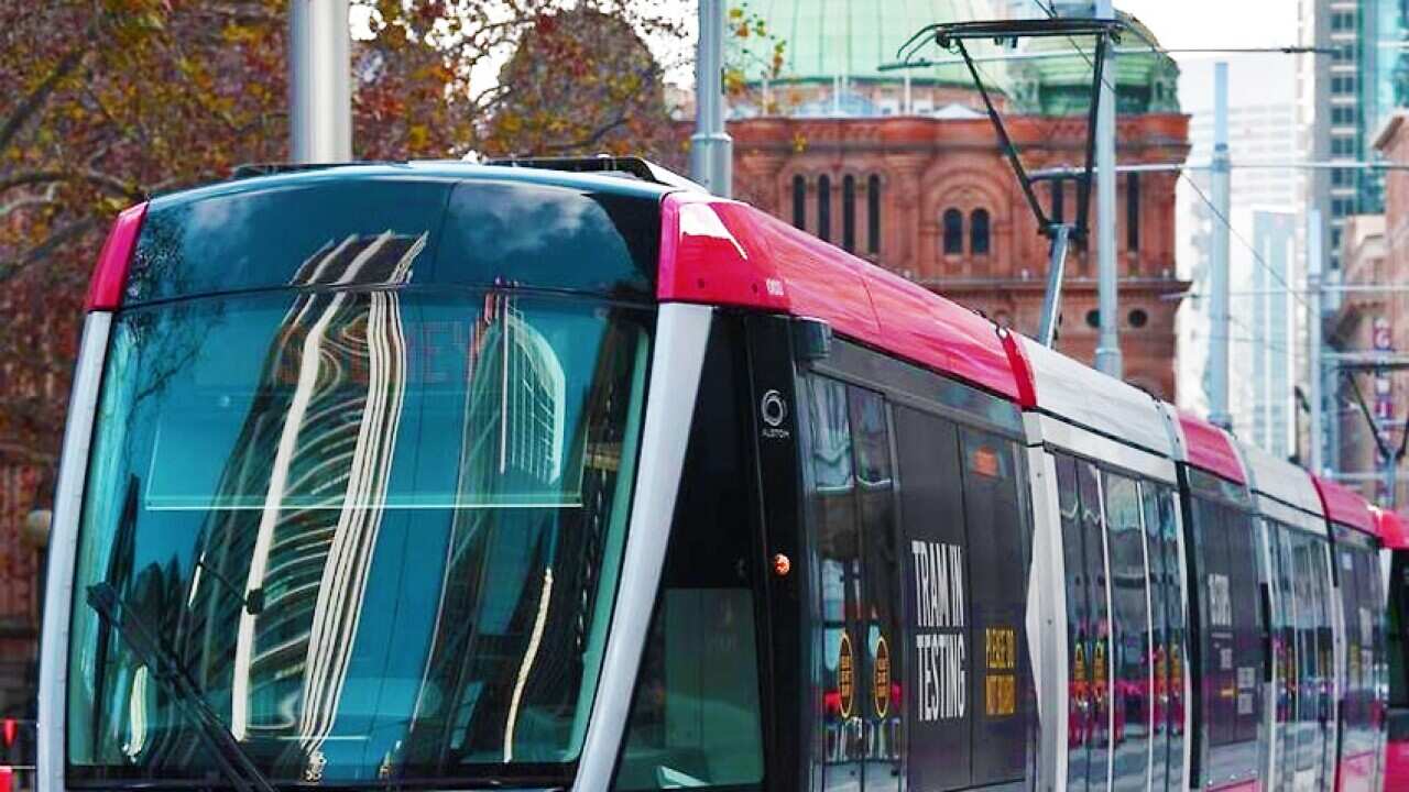 Image of a red Sydney light rail vehicle against the city's backdrop.