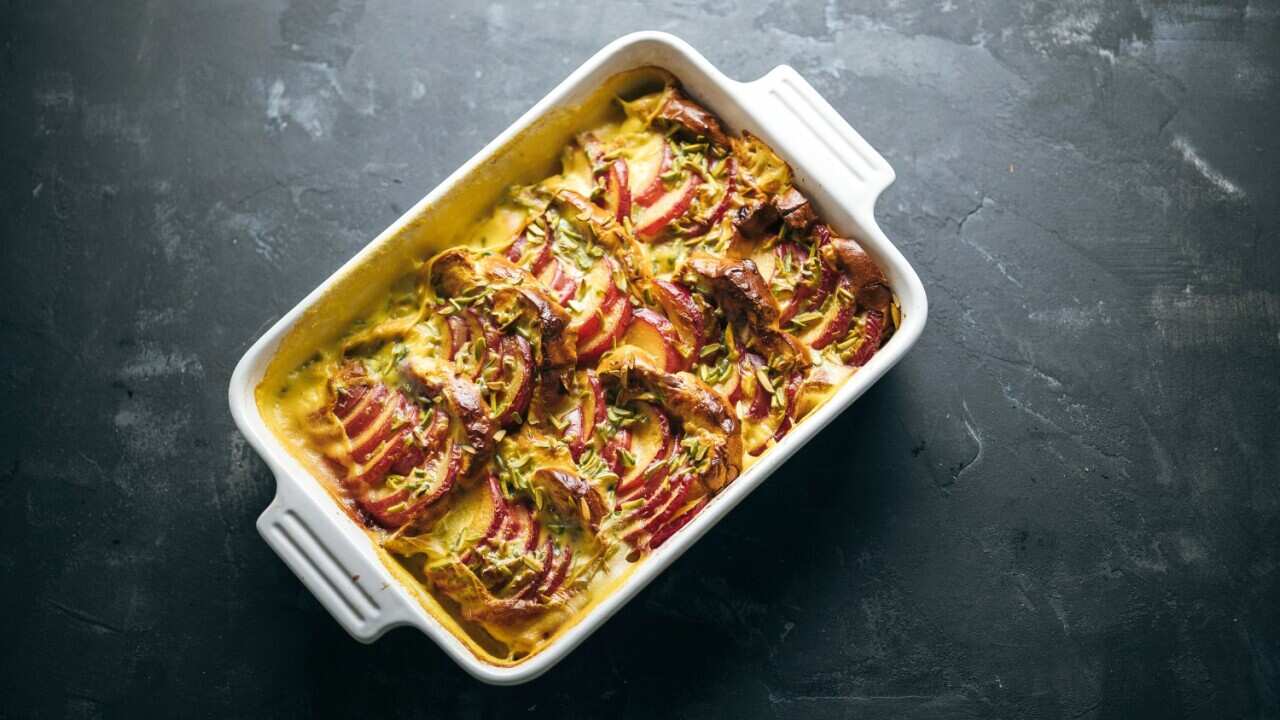 Cherry plum bread and butter pudding