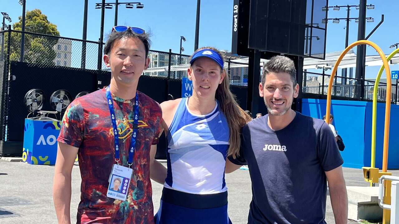 Greek tennis player Despina Papamichail with her coach Roberto Ortega Olmedo and her manager, Takayuki Kesa. 