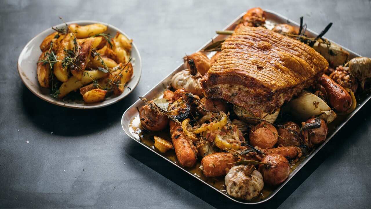 Pork belly one tray roast and roast potatoes