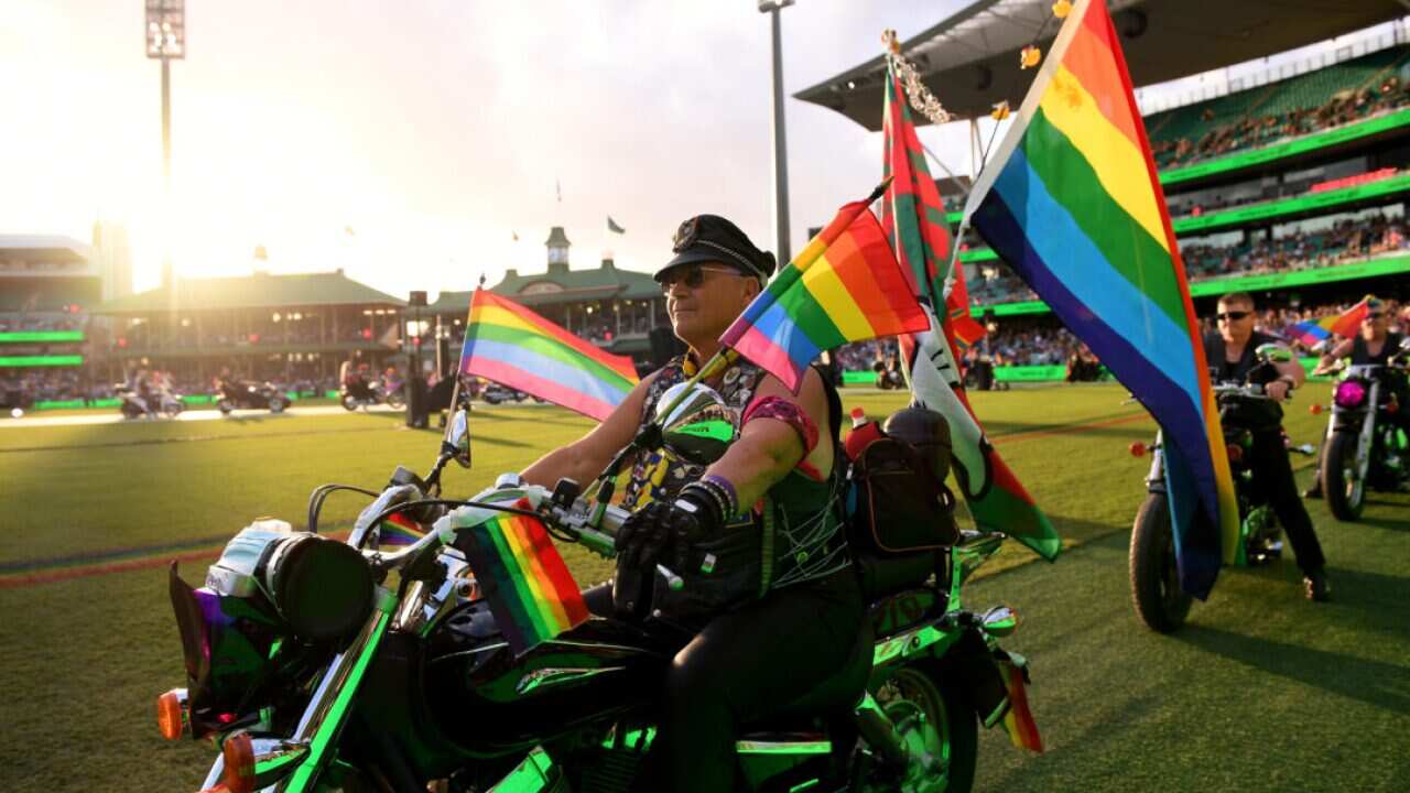 Participants take part in the 43rd annual Gay and Lesbian Mardi Gras parade at the SCG in Sydney, Sat, March 6, 2021. 