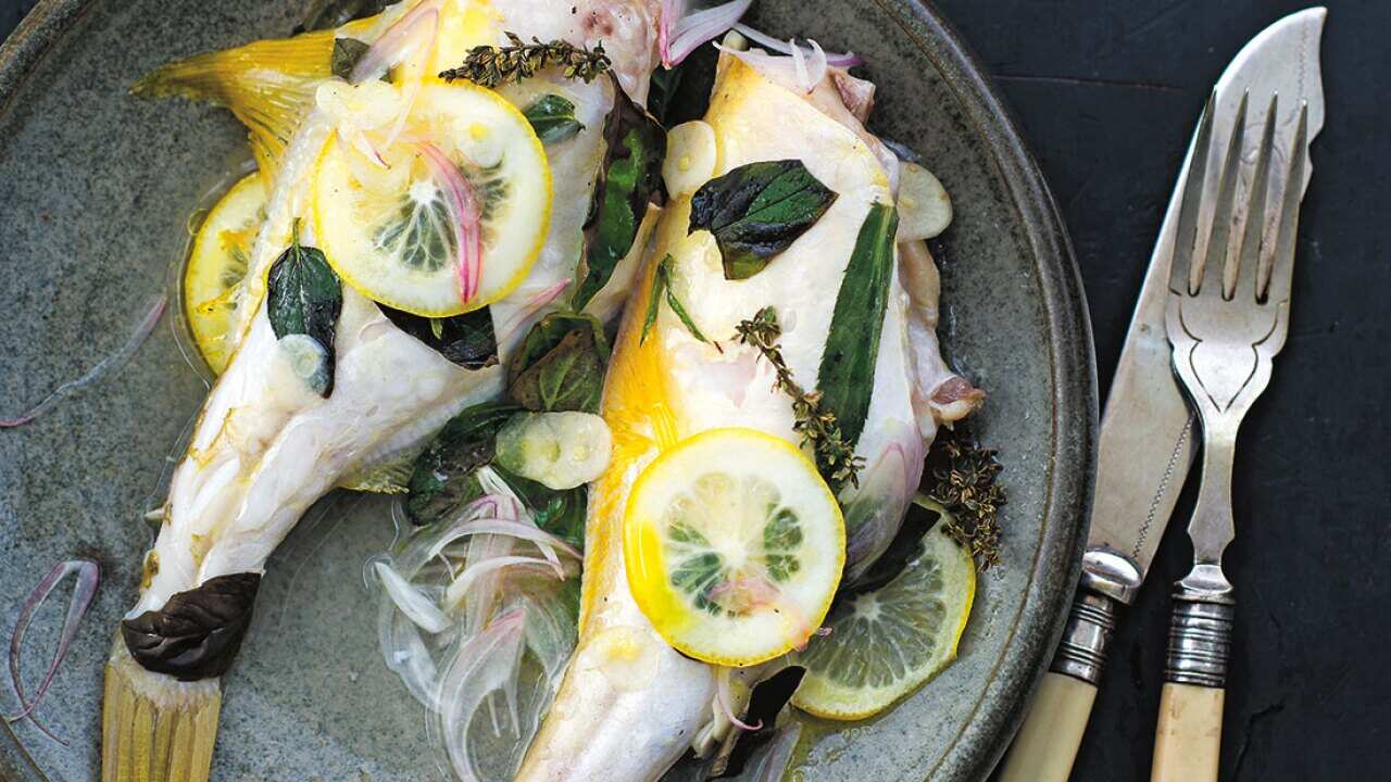 Whole baked leatherjacket with wine and herbs