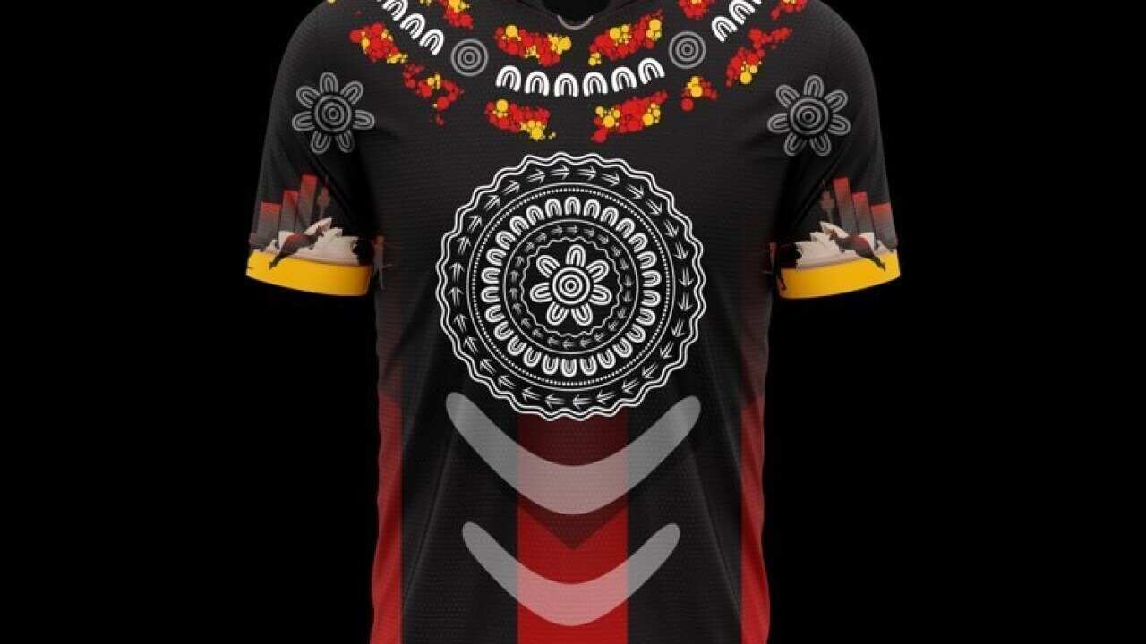 The ‘Bandaar’ jersey was designed by Gamilaroi/Wiradjuri artist Sean Kinchela for the new FIFA 22 game.