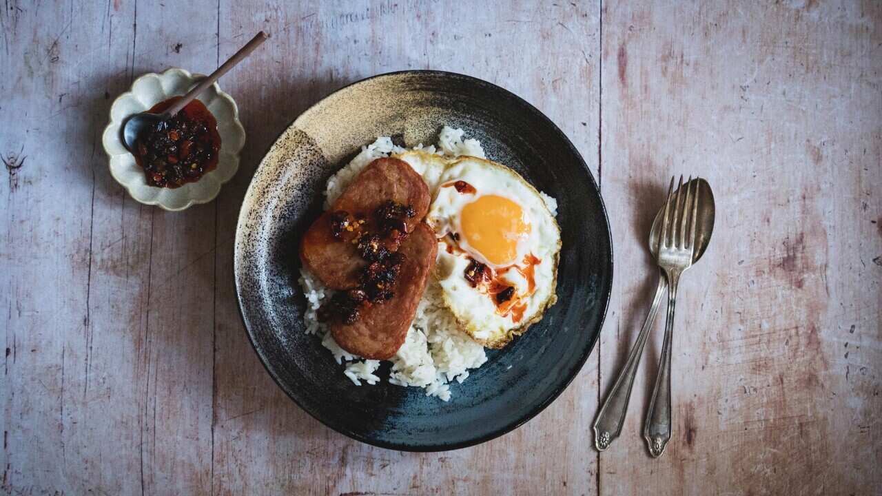 Fried Spam and egg on rice