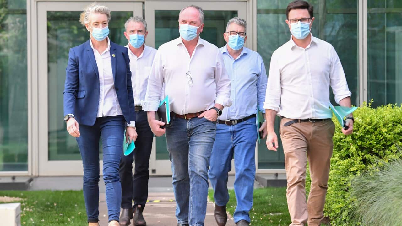 Federal Nationals Party Bridget McKenzie, Kevin Hogan, Barnaby Joyce, Keith Pitt and David Littleproud walk to a party room meeting at Parliament House in Canberra, Sunday, October 24, 2021. (AAP Image/Mick Tsikas) NO ARCHIVING