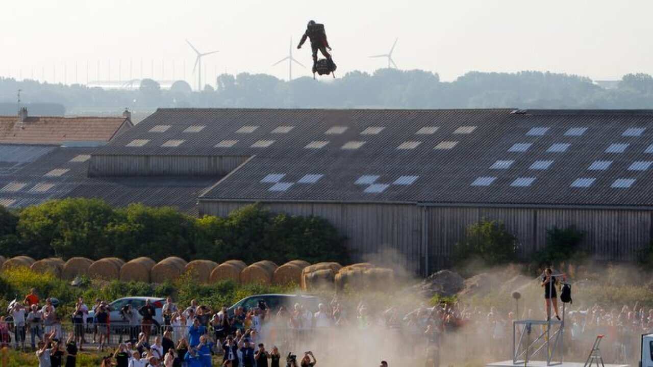 Franky Zapata, a 40-year-old inventor, takes to the air in Sangatte, Northern France