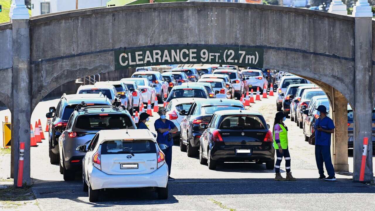 Members of the public queue in their cars for a COVID-19 PCR test in Sydney.