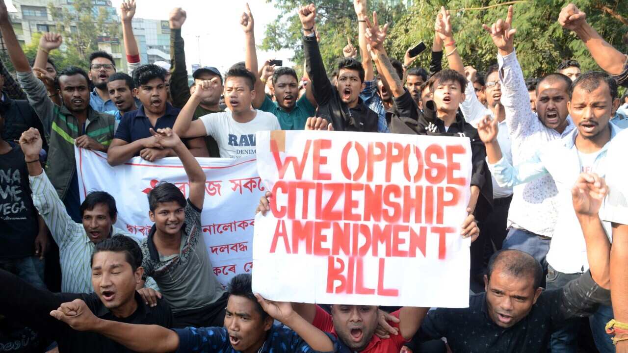 Students shout slogans during a protest against the Citizenship Amendment Bill (CAB) in Guwahati, Assam, India.