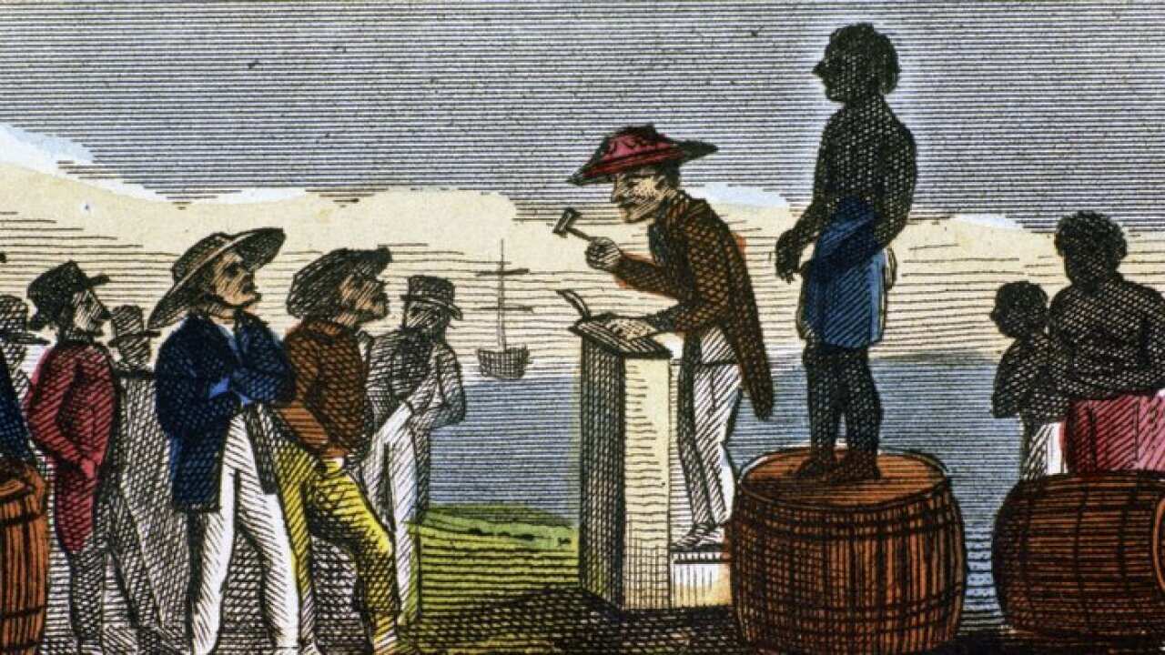 Auctioning slaves in the West Indies, 1824. Artist: Anon