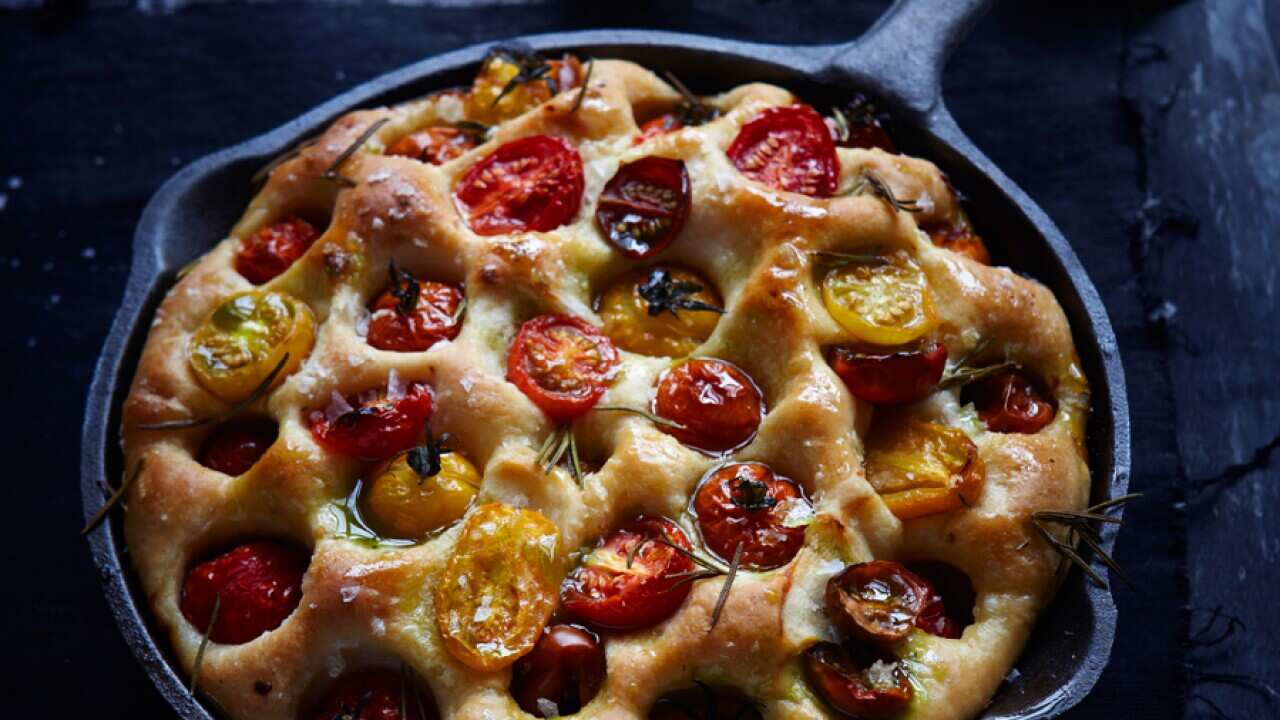 Tomato and rosemary focaccia with basil oil