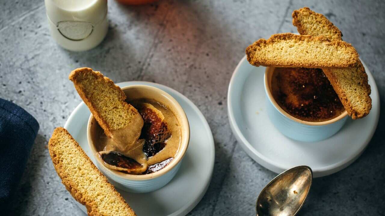 Honey and cinnamon creme brûlée with milk biscotti