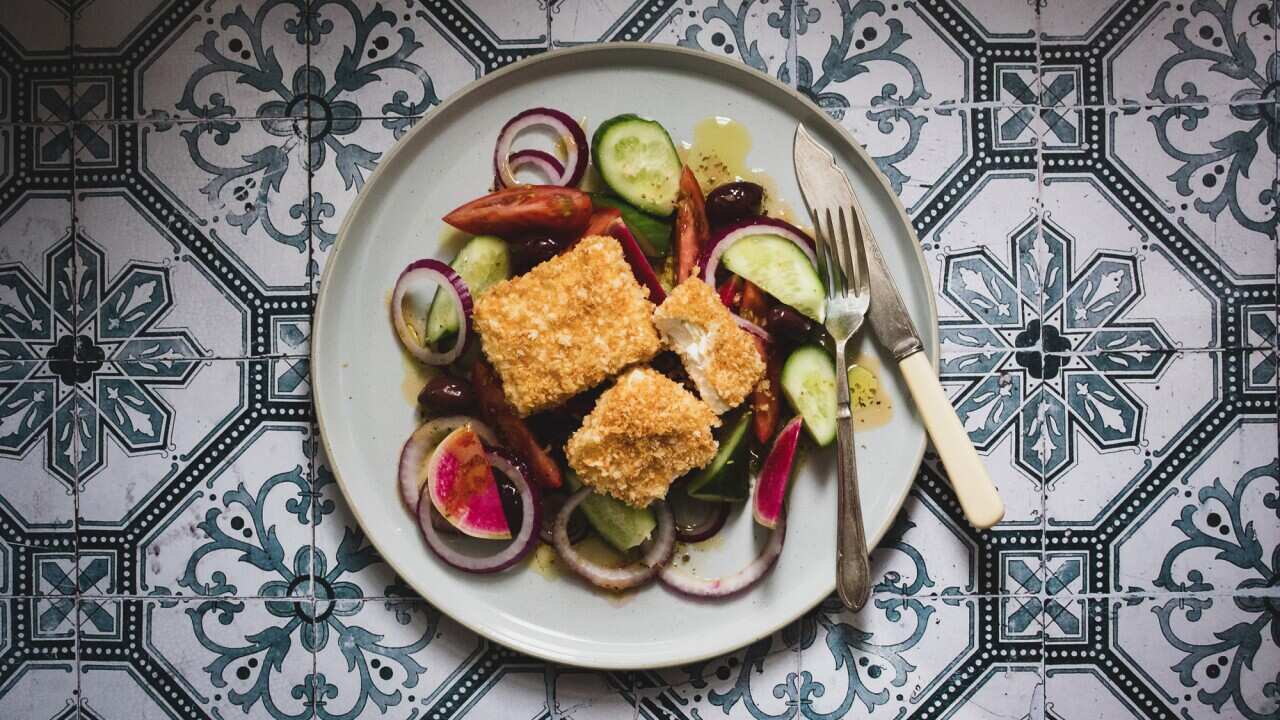 Loaded Greek salad with panko-crumbed feta