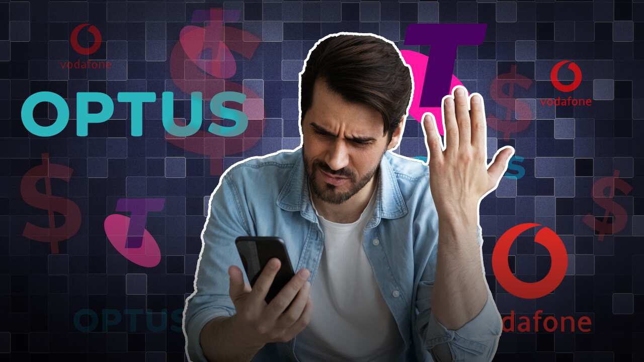 Man looking at mobile phone with Optus, Vodafone and Telstra logos in background.