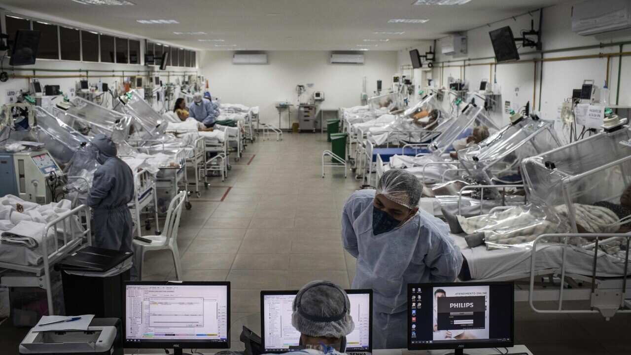 A room with patients undergoing COVID-19 treatment at the Gilberto Novaes Municipal Campaign Hospital, in the city of Manaus, Amazonas, Brazil.