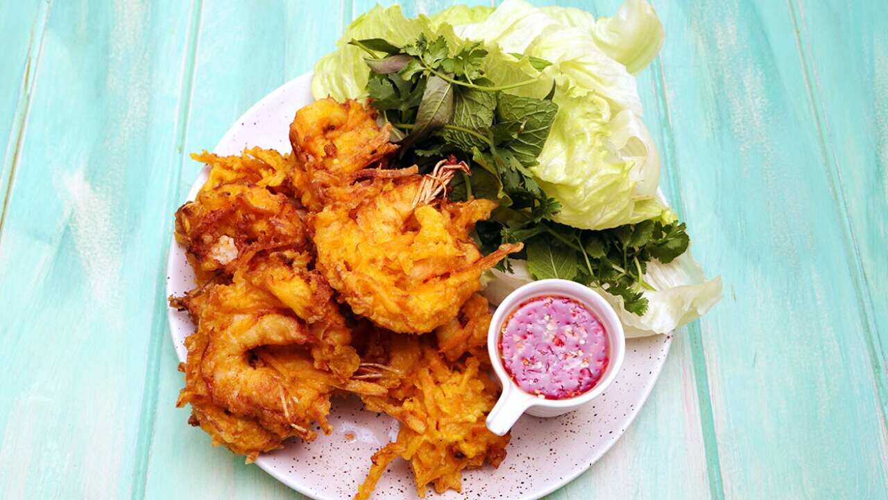 Banh tom - prawn and sweet potato fritters