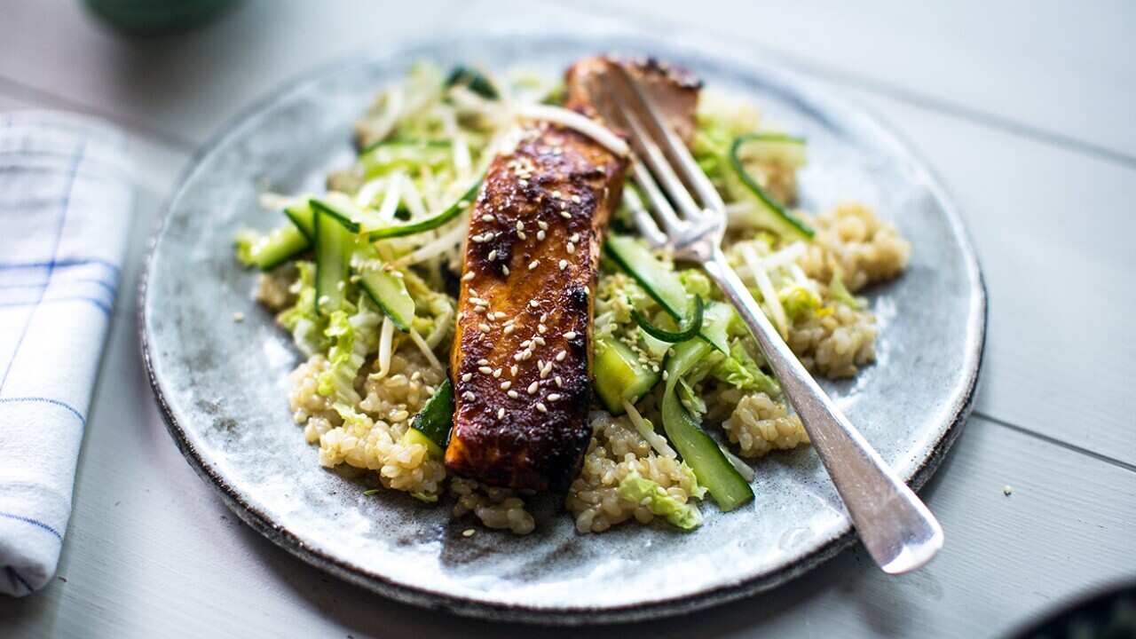 Miso salmon with smacked cucumber