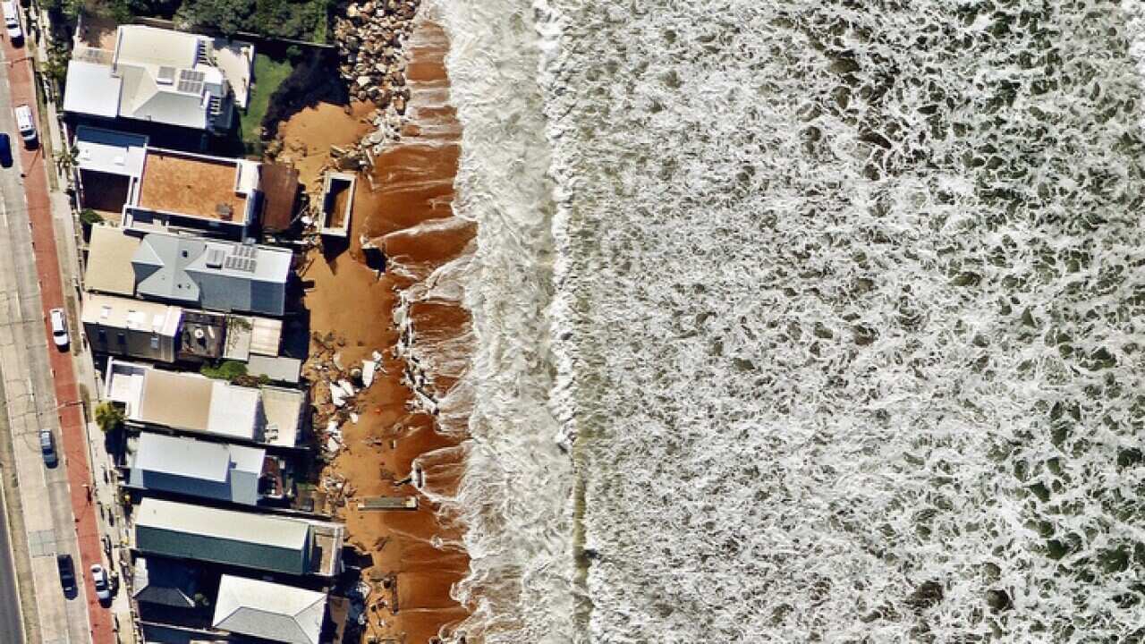 Supplied image obtained Friday, June 10, 2016 of aerial imagery revealing the extent of storm damage in Collaroy on Sydney's Northern Beaches.
