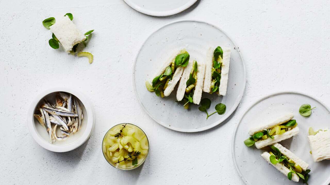 Pickled celery, cress and anchovy butter sandwiches