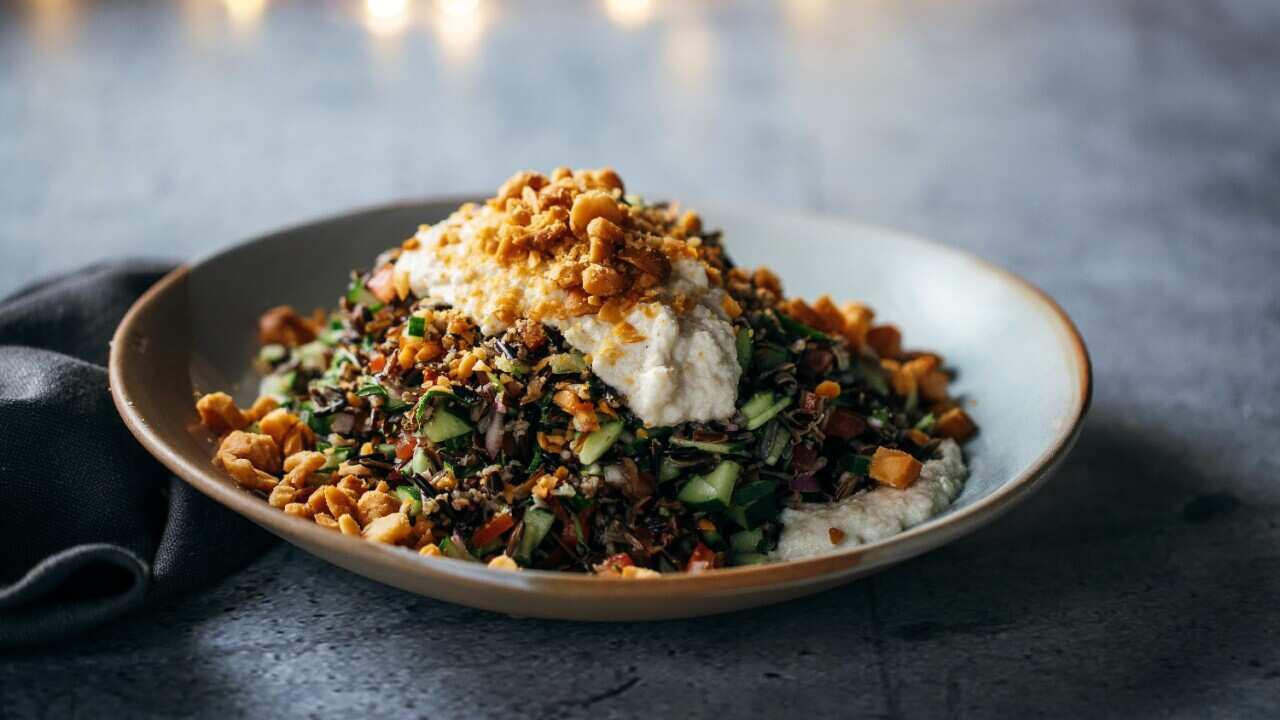 Wild rice salad with macadamia cream and karkalla