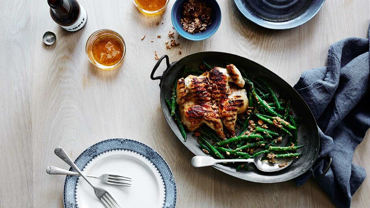 Vietnamese barbecued spatchcock with stir-fried green beans