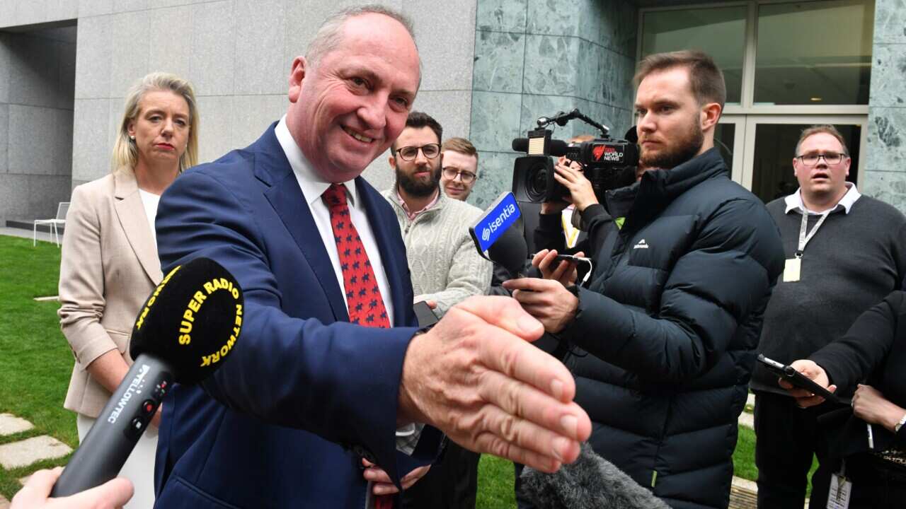 Nationals leader Barnaby Joyce and MP Bridget McKenzie arrive at a press conference at Parliament House in Canberra on Monday, 21 June, 2021.