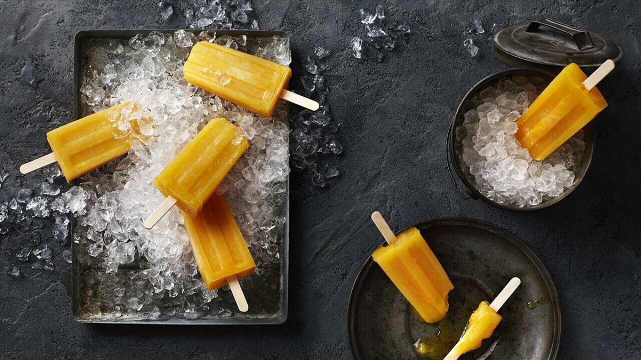 Mango, rum and coconut ice blocks