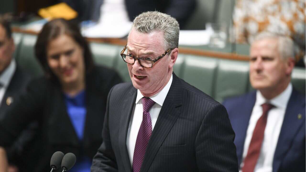 Australian Defence Minister Christopher Pyne delivers his valedictory speech in the House of Representatives at Parliament House in Canberra, Thursday, April 4, 2019.(AAP Image/Lukas Coch) NO ARCHIVING