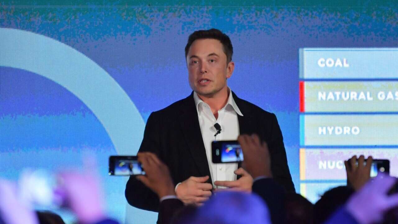 Tesla CEO Elon Musk is seen delivering speech at the wind and solar battery plant outside of Jamestown, South Australia, September 29, 2017. (AAP Image/ Morgan Sette) NO ARCHIVING