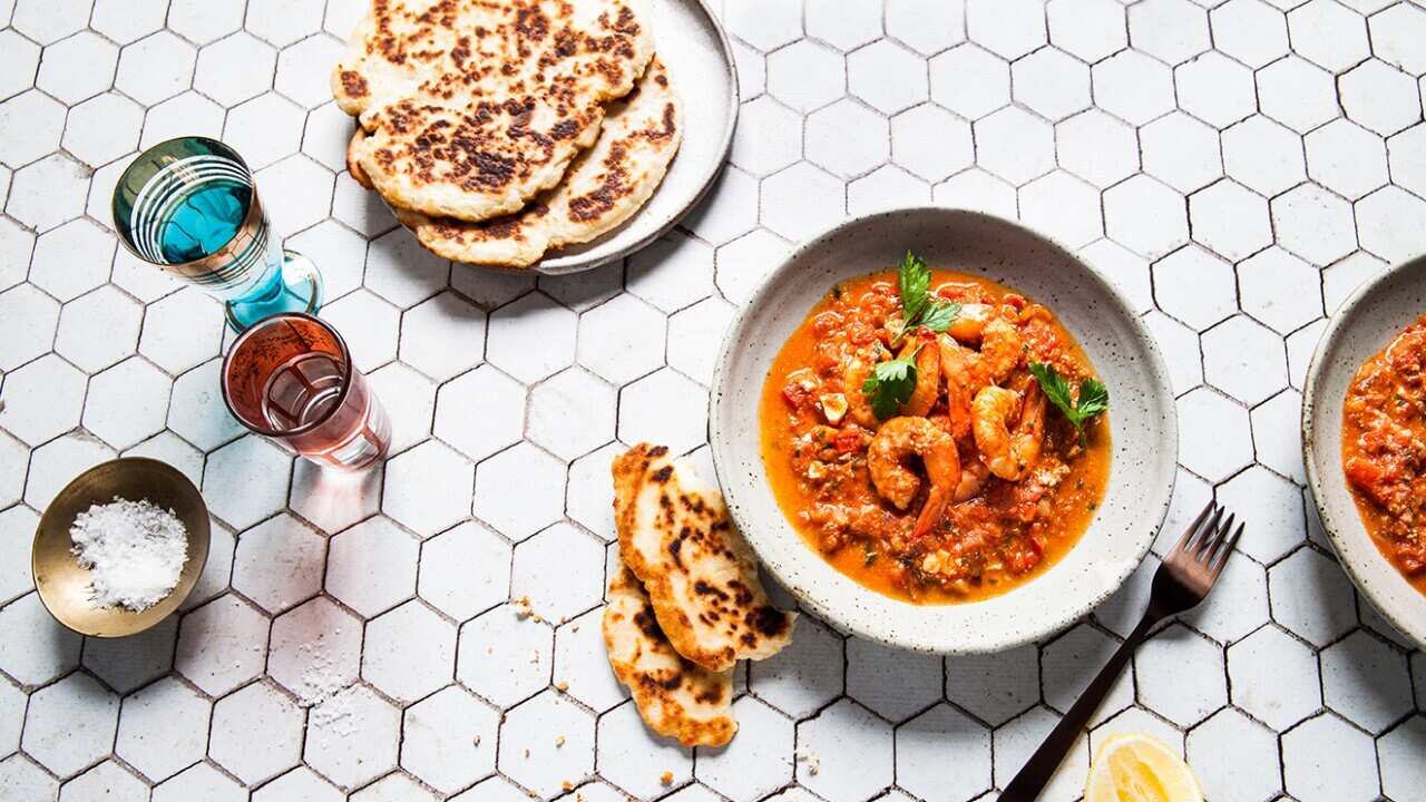 Raki tomato prawns with flatbread greek yoghurt