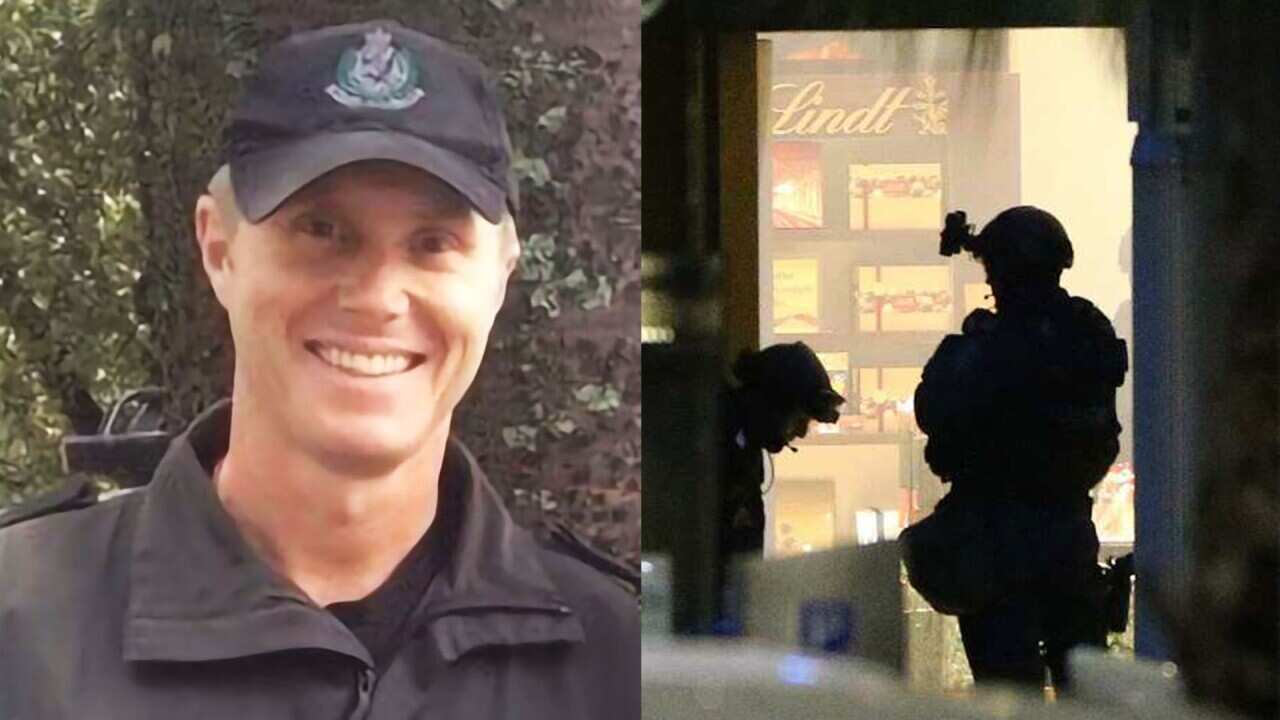 a splitscreen image of a policeman and a shadow of a sniper with the Lindt logo behind him 