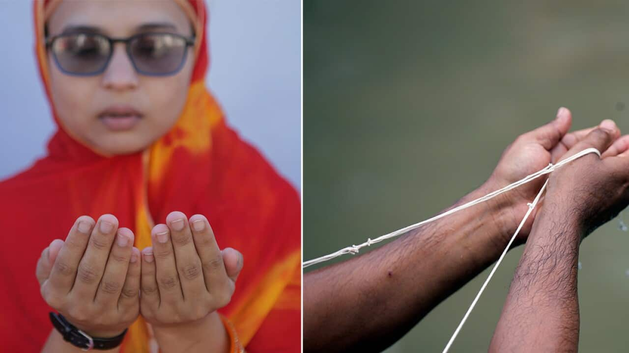 A Muslim woman during Eid al-Adha and a Nepali man during Janai Purnima in kathmandu Nepal on the same week