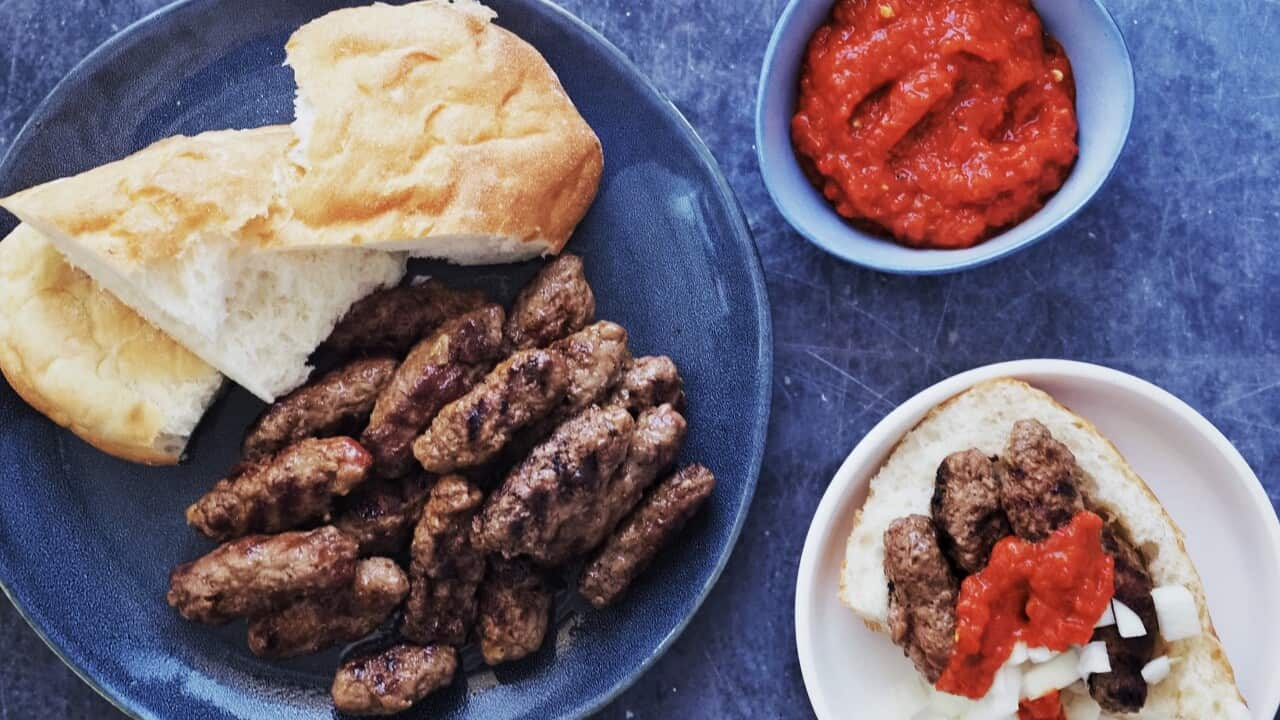 Bosnian skinless sausages served with a capsicum relish and lepinja