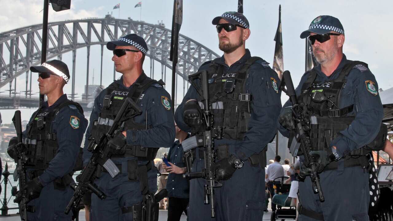 NSW Police equipped with M4 Carbine guns at Circular Quay in Sydney.