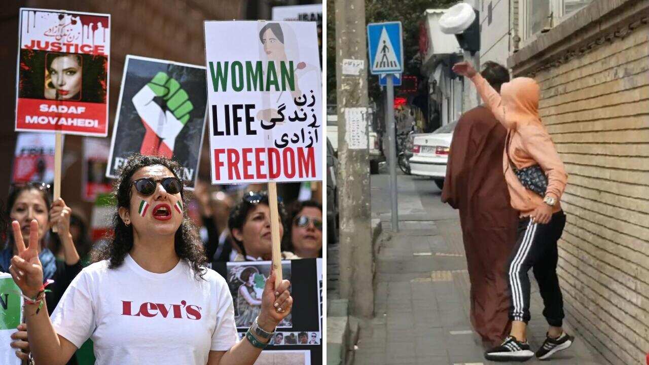 Split image of a woman protesting on the left, and a man knocking off the turban of a cleric's head. 