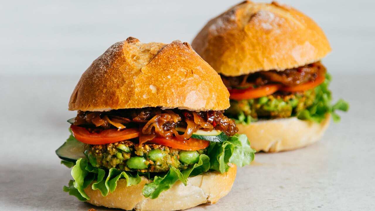 Edamame burgers with red onion jam