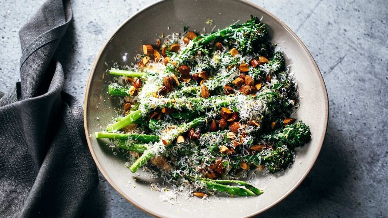 Grilled broccolini and miso white bean puree