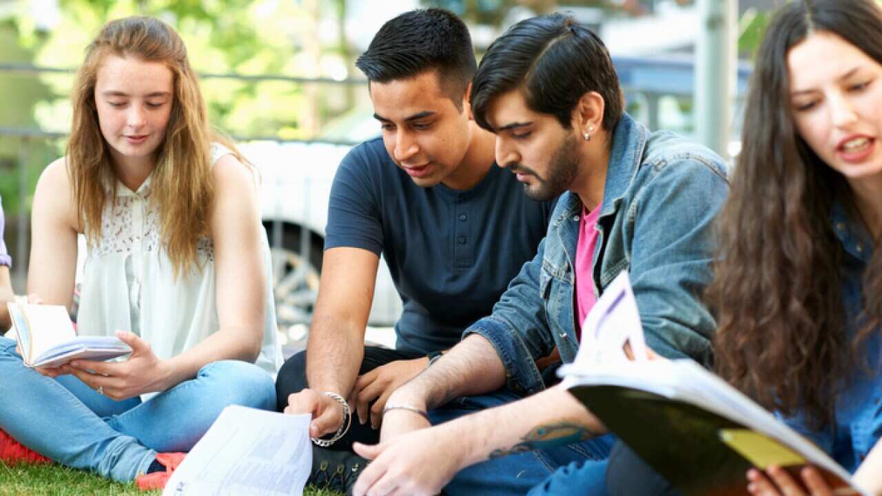 Male and female students sitting working on college campus