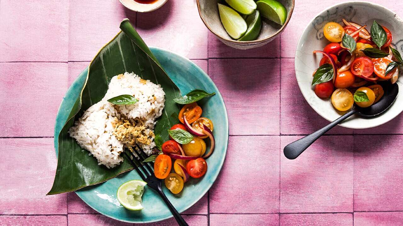 Spiced tuna and sticky rice in banana leaf