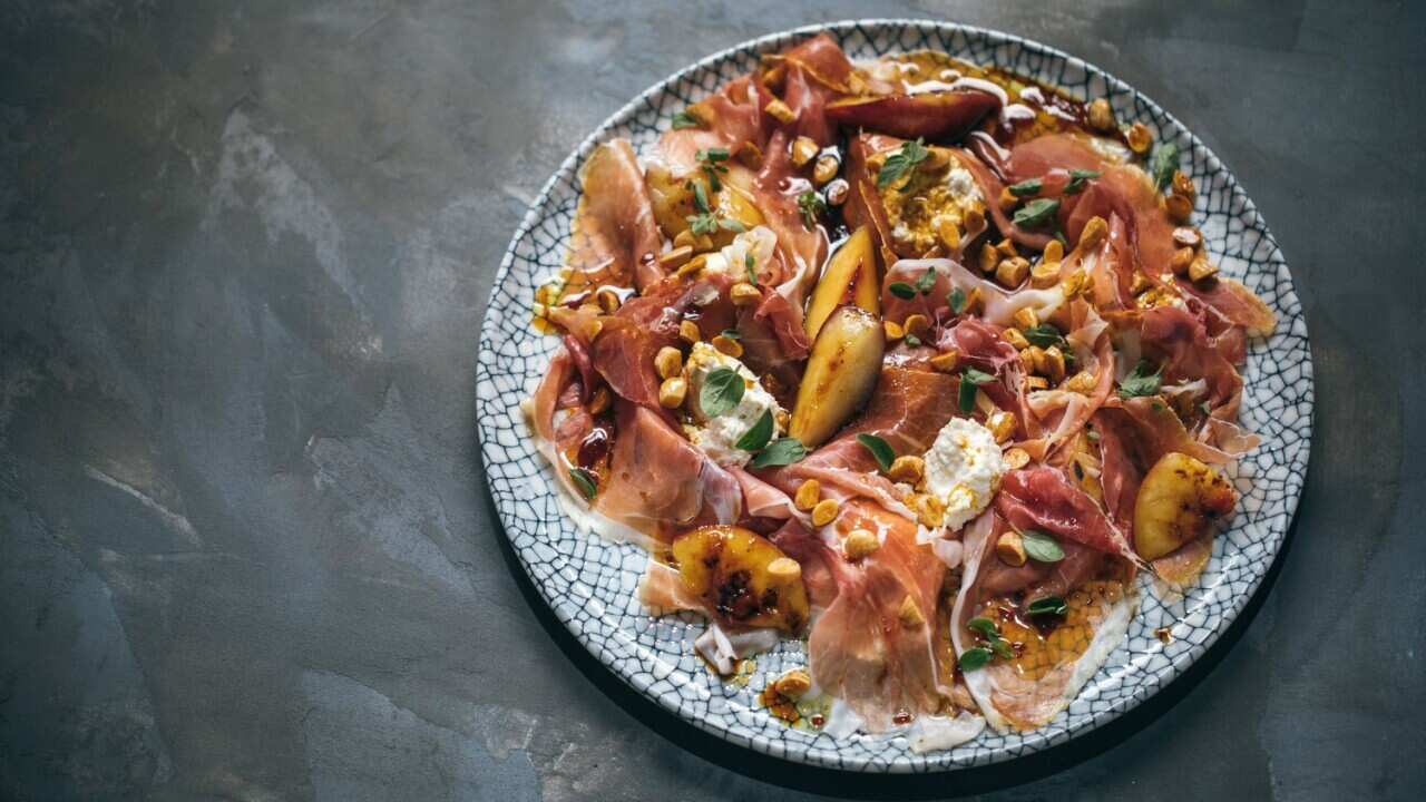 Prosciutto, white nectarines, ricotta and almonds