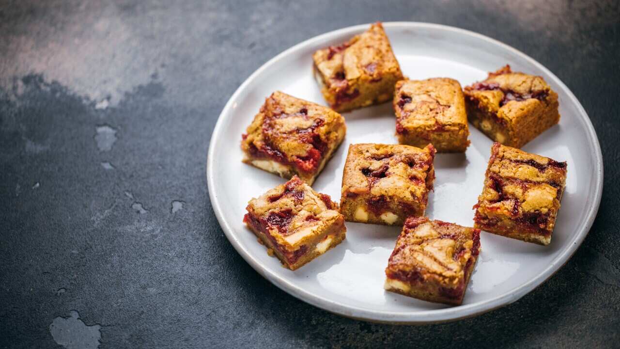 Strawberry and white chocolate blondies