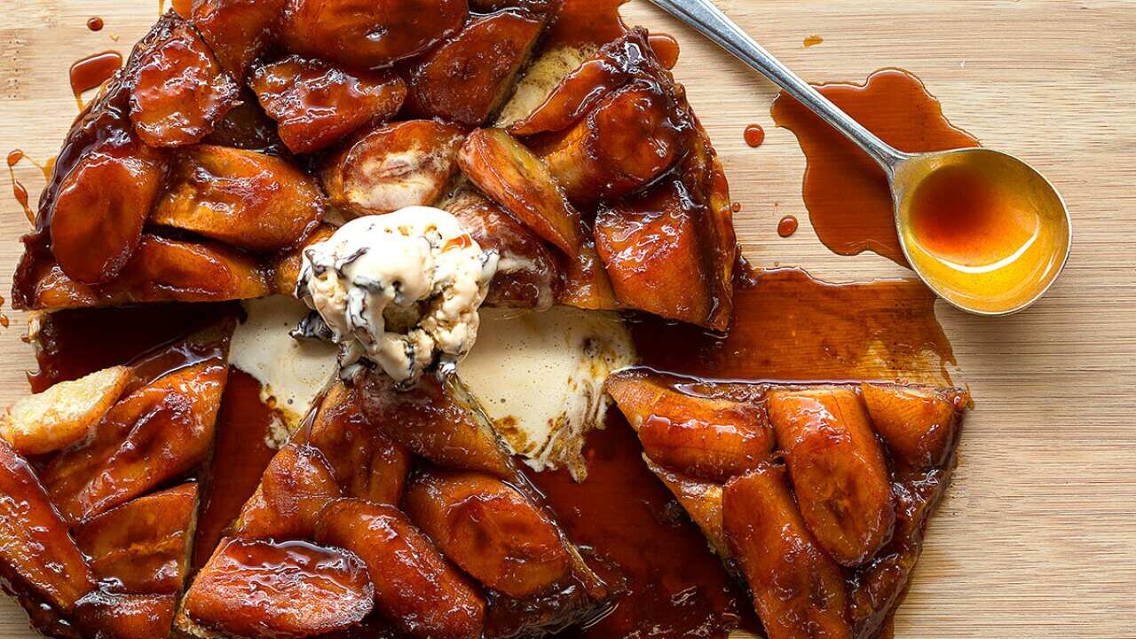 Banana tarte tatin with rum & raisin ice-cream